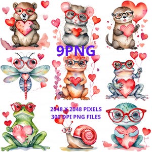 May include: Nine watercolor illustrations of cute animals wearing glasses and holding heart-shaped objects. The animals include a beaver, mouse, otter, dragonfly, lizard, frog, and snail. The image includes the text "9PNG" and "2048 X 2048 PIXELS 300 DPI PNG FILES".