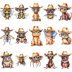 May include: Watercolor illustrations of various insects and animals, including a bee, a cat, and a ladybug, all wearing cowboy hats and glasses. The artwork features a whimsical and cartoonish style with vibrant colors.