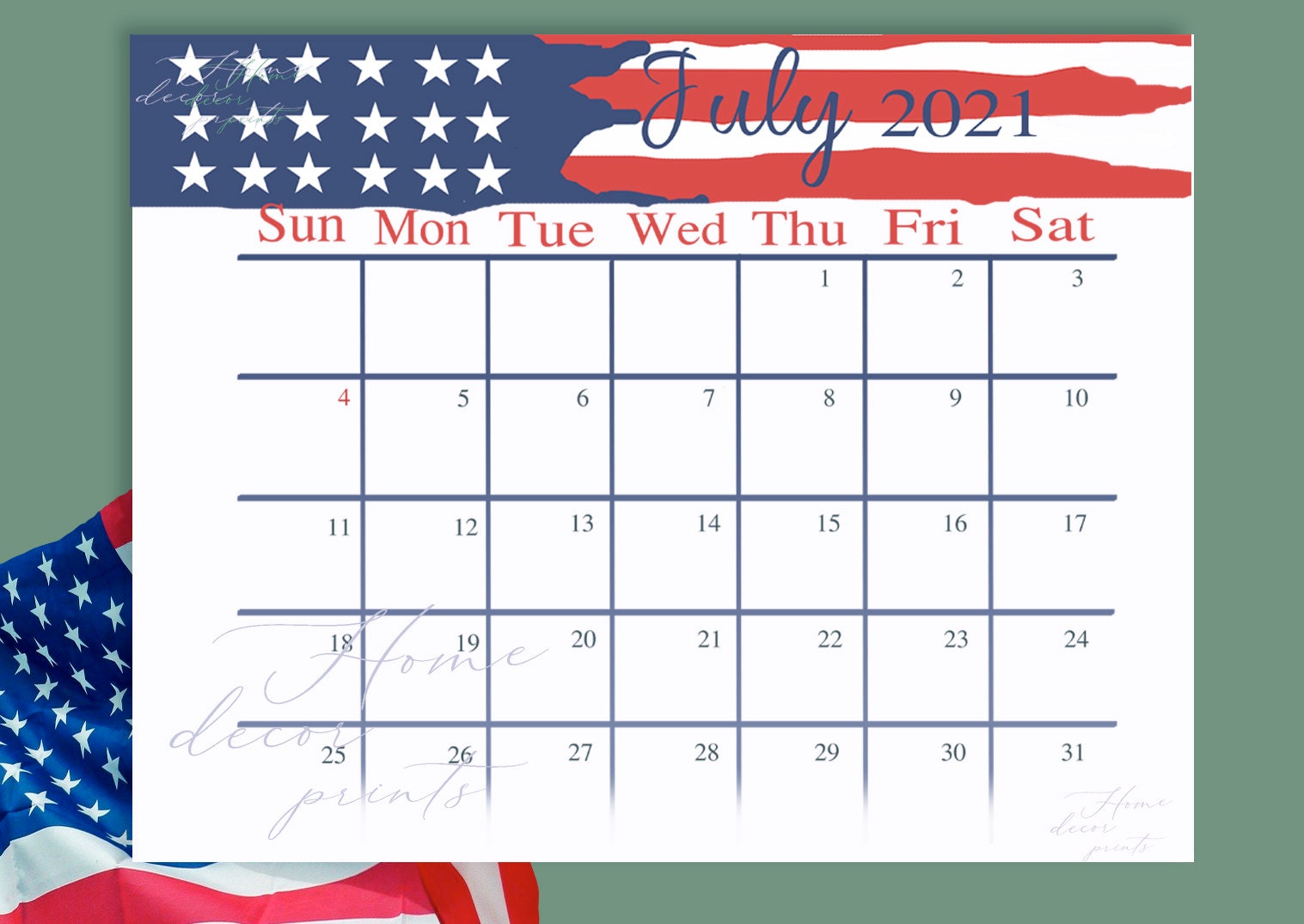 patriotic july 2021 calendar printable planner page journal etsy