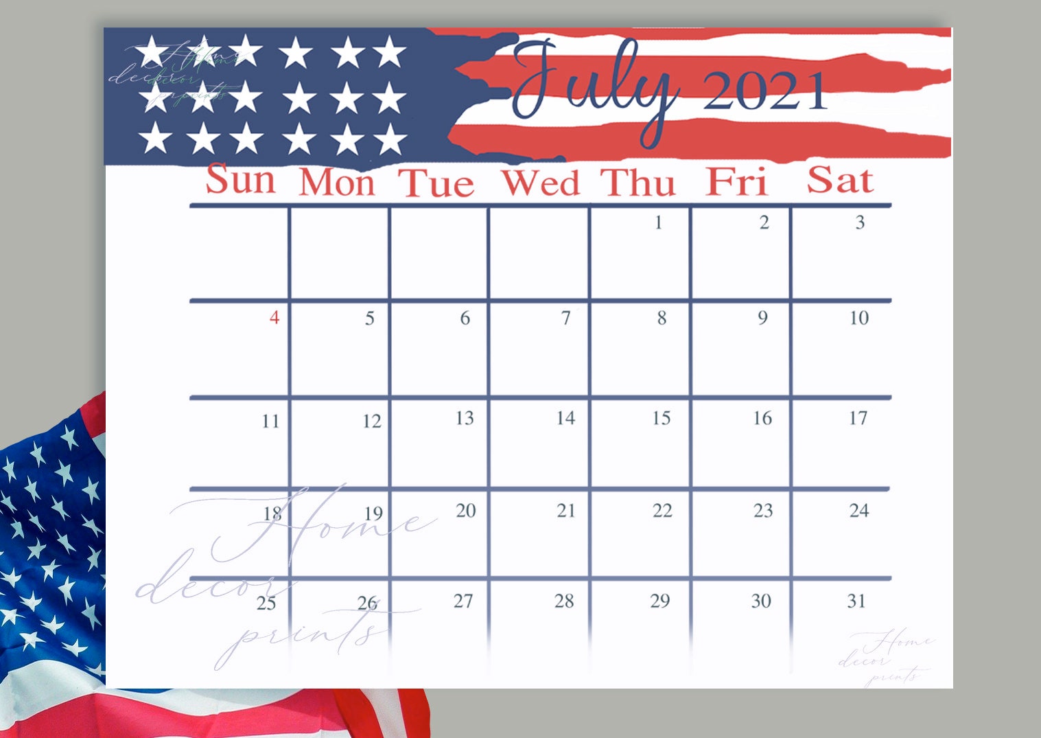 Patriotic JULY 2021 Calendar Printable Planner Page Journal | Etsy