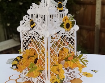 Carte pop-up abeilles et tournesols en cage anniversaire, merci, anniversaire