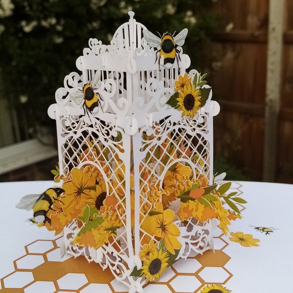 Carte pop-up abeilles et tournesols en cage anniversaire, merci, anniversaire