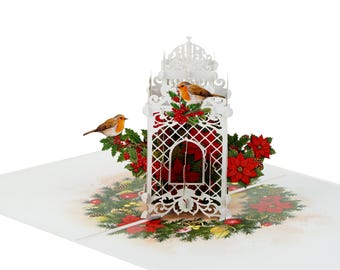 Robins cage pop up Christmas card, poinsettias, laser cut art, Christmas wreath