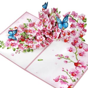 Carte pop-up 3D papillons et orchidées roses/fleurs, carte de fête des mères, carte d'anniversaire, rétablissement