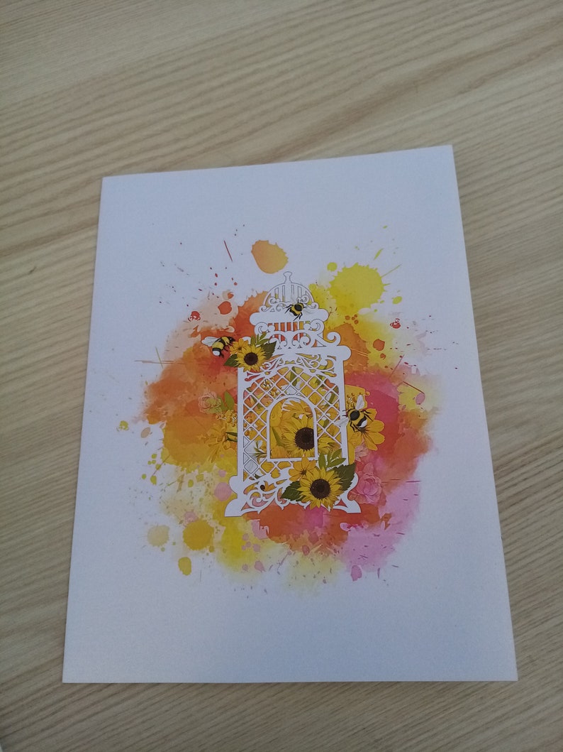 Bijen en zonnebloemen in kooi pop-up kaart verjaardag, bedankt, jubileum afbeelding 2
