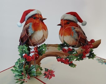 Christmas pop up robins card on holly, robin card, 3d laser cut art,