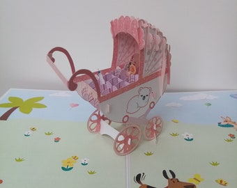 New baby pop up 3D card, baby girl, pink, pram, new baby