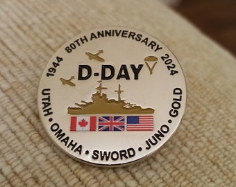 D-Day 80th Anniversary enamel pin badge, Flags, USA, UK, Canada D Day Badge, Overlord, Paratroopers, Aircraft, Beaches, 1944-2024, Normandy