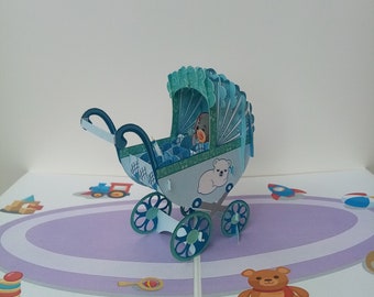 New Baby pop-up 3D-kaart, jongen, blauw, kinderwagen, New baby