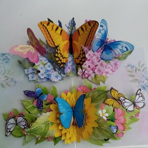 Biglietto pop-up con farfalle e fiori, ortensie, girasoli, compleanno, anniversario, bellissimo, fatto a mano