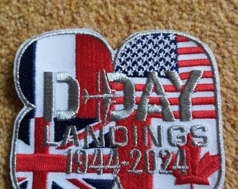 D-Day 80-jarig jubileumpatch, vlaggen, VS, VK, Canada, Frankrijk