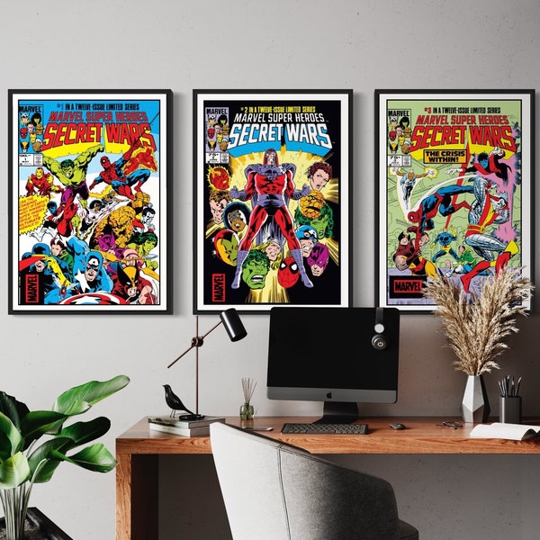 Lot de 3 couvertures de bandes dessinées Secret Wars, éditions 1, 2 et 3, impressions de couvertures de bandes dessinées, impression Hulk, impression Spiderman, impression Iron Man, cadeaux de bandes dessinées, fan de bandes dessinées