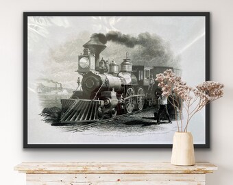 Vintage Locomotive Print: Black and White Train Art