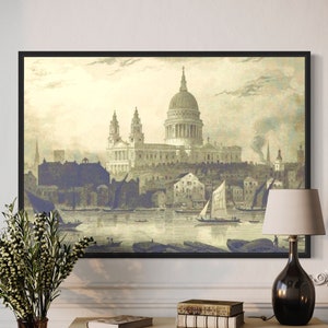 St Pauls Illustration Digital Download, Vintage London Art, City Prints, Old London, Vintage River Thames Pictures, St Pauls Cathedral