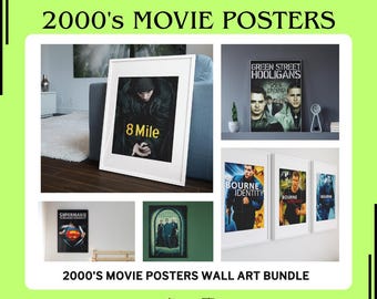 May include: A selection of framed 2000's movie posters, including "8 Mile", "Superman", "Green Street Hooligans", and "Bourne Identity". The image also displays the text "OVER 400 2000'S MOVIE POSTERS" and "2000'S MOVIE POSTERS WALL ART BUNDLE".