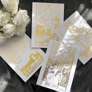 Folienbedruckte Tarotdrucke, Tarot-Geschenke, Glücksgeschenke, Glücksgeschenke, Tarot-Leser, Tarot-Leser, Tarot-Ass, der Stern, die Sonne, das Ass der Pentagramme