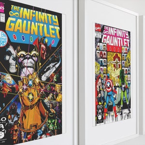 Puede incluir: Tres portadas de cómics enmarcadas con el Guantelete del Infinito. La primera portada muestra a Thanos con el Guantelete del Infinito, la segunda portada muestra a un grupo de superhéroes y la tercera portada muestra a un grupo de villanos.
