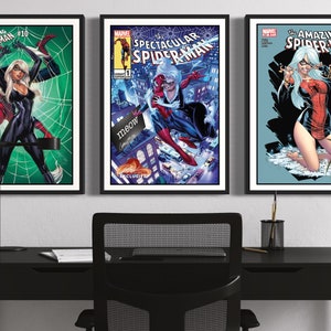 Lot de 3 impressions Spider Man et chat noir, impressions Spider Man, couvertures de bandes dessinées chat noir, impressions couvertures de bandes dessinées Spider-Man, cadeaux pour fans de bandes dessinées, super-héros