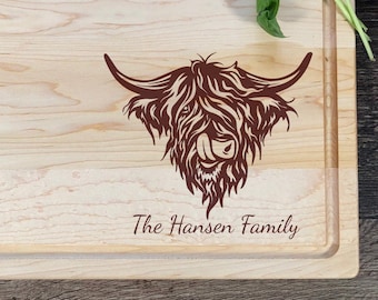 Highland Cow Personalized Cutting Board House Warming Gift Engraved Custom Tray Cattle Ranch