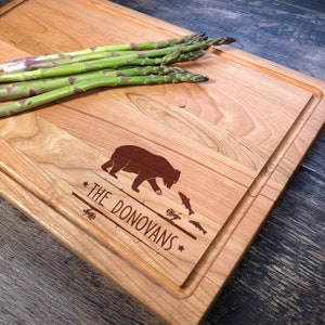 Personalized Fisherman Cutting Board Bear and Fish Engraved Wood Gift