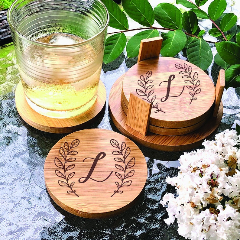 Personalized Coasters Round 4 Coaster Set With Holder Bamboo Etsy