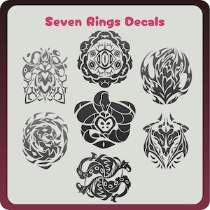 Op de afbeelding: Zeven Ringen Stickers, een verzameling van zeven zwart-wit grafische stickers. Elke sticker heeft een uniek, ingewikkeld ontwerp, inclusief insectachtige, bloemachtige en abstracte patronen. De tekst "Seven Rings Decals" staat in roze bovenaan.