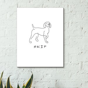 May include: Line drawing of a dog in a standing position. The dog is facing forward with its head tilted up. The drawing is in black and white and the dog's name, "SKIP", is written below the drawing.