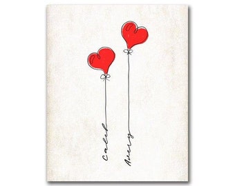 Impresión personalizada de globos de corazón / Regalos románticos personalizados / Regalo de San Valentín / Regalo de aniversario personalizado de impresiones personales