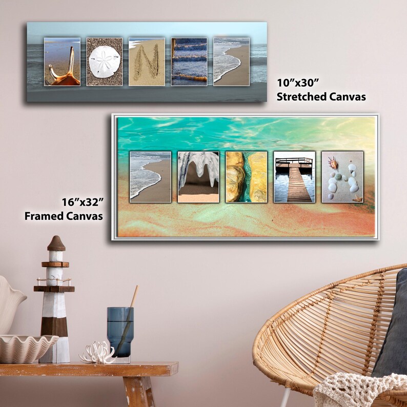 May include: Two framed canvas prints with beach-themed images spelling out the name "JONES". The top print is 10 inches by 30 inches and the bottom print is 16 inches by 32 inches.