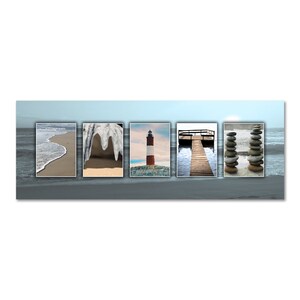 May include: A collage of five images depicting a beach scene. The images include a wave breaking on the shore, a rock formation, a red and white lighthouse, a wooden pier, and a stack of stones.