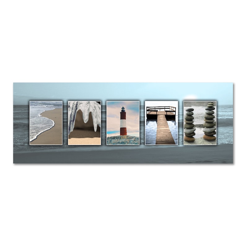 May include: A collage of five images depicting a beach scene. The images include a wave breaking on the shore, a rock formation, a red and white lighthouse, a wooden pier, and a stack of stones.
