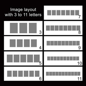 Puede incluir: Un diagrama que muestra el dise&ntilde;o de im&aacute;genes con 3 a 11 letras. Cada fila muestra un n&uacute;mero diferente de cuadrados grises, que representan el n&uacute;mero de letras en una palabra. El n&uacute;mero de letras se indica en el lado derecho de cada fila.
