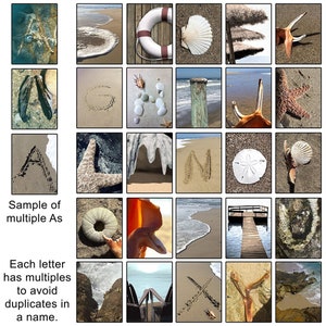 May include: A collage of images featuring the letters of the alphabet, each letter is made of sand on a beach. The letters are A, G, H, I, J, K, L, M, N, O, P, Q, R, S, T, U, V, W, X, Y, and Z. The images also include seashells, starfish, driftwood, and other beach-related objects.