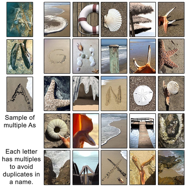 May include: A collage of images featuring the letters of the alphabet, each letter is made of sand on a beach. The letters are A, G, H, I, J, K, L, M, N, O, P, Q, R, S, T, U, V, W, X, Y, and Z. The images also include seashells, starfish, driftwood, and other beach-related objects.