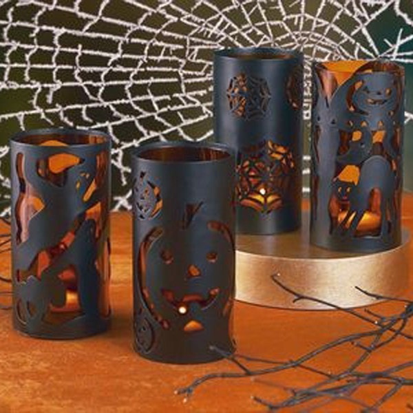 Black Metal Halloween Tealight Candle Lantern Luminary with Orange glass Insert Choose Pumpkin Jack O'Lantern or Spider Web