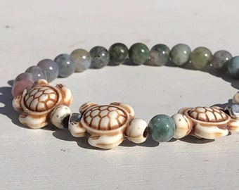 Fancy Jasper and Sea Turtle Stretch Bracelet | Gemstone Bracelet | Healing Bracelet