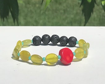 Red Bamboo Coral Diffuser Bracelet W/ Czech Chartreuse Glass, Turquoise Glass Seed Beads And Black Aromatherapy Lava Stones | Unique Quirky