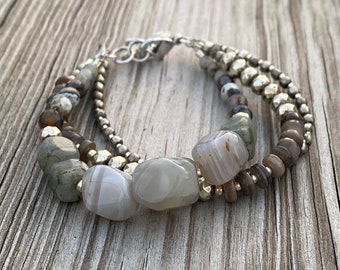 Dragonfly Pebble Beach Multi Strand Bracelet / Labradorite / Tiger's Eye / Shell / Silver / Triple Strand / Gray & Brown