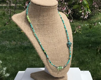 Wrap Bracelet / Necklace Sea Turtle Aqua Blues & Greens With Glass Orbs And Seed Beads