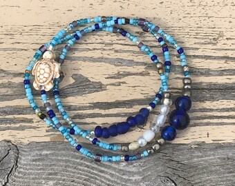 Sea Turtle Wrap Bracelet / Necklace With Blue Seed Beads And Vintage Glass Orb Beads