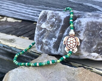 Sea Turtle Anklet | Delicate Green Beads | Beach Theme Jewelry | Cute Turtle | Anklet | Multiple Shades of Green | Czech Glass and Stone