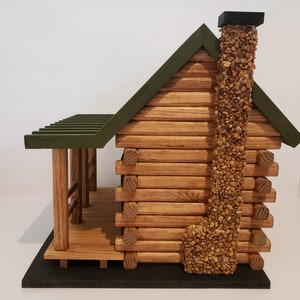 Hand Crafted Log Cabin Bird House with Stone Chimney image 5