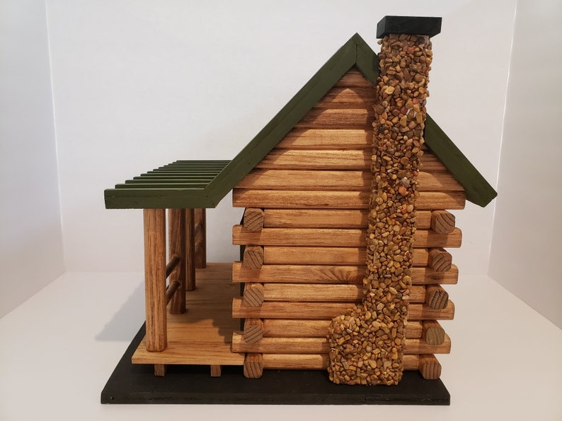 Hand Crafted Log Cabin Bird House with Stone Chimney image 5