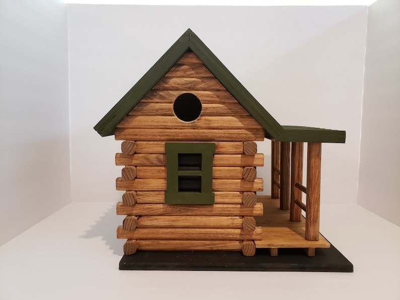 Hand Crafted Log Cabin Bird House with Stone Chimney image 4