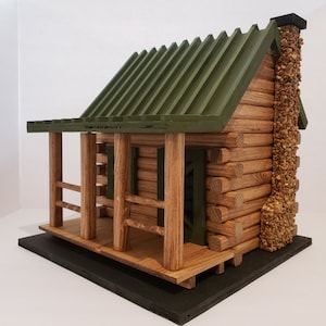 Hand Crafted Log Cabin Bird House with Stone Chimney