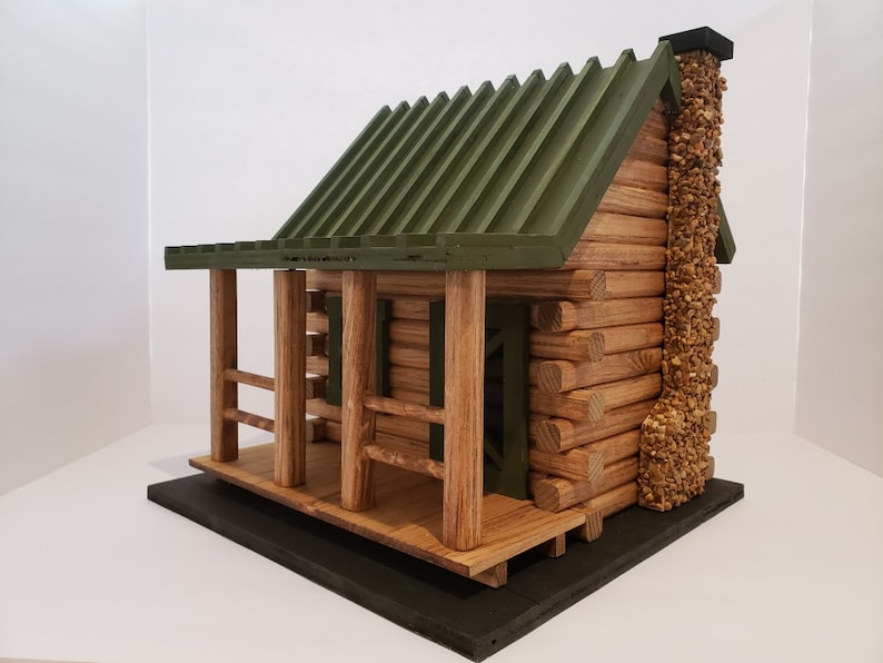 Hand Crafted Log Cabin Bird House with Stone Chimney image 1