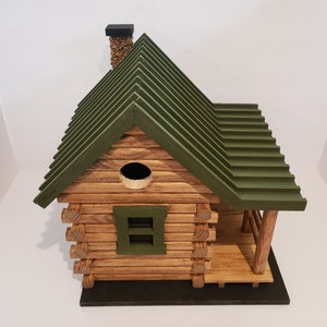 Hand Crafted Log Cabin Bird House with Stone Chimney image 9