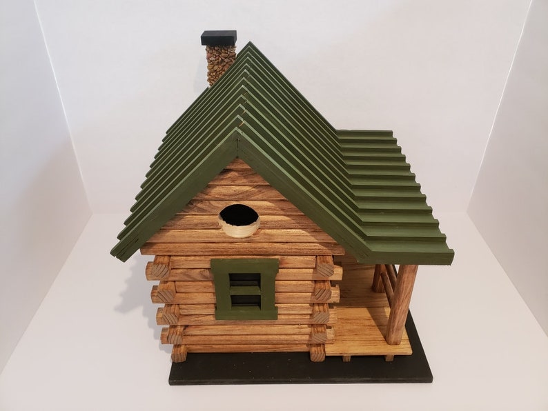 Hand Crafted Log Cabin Bird House with Stone Chimney image 9