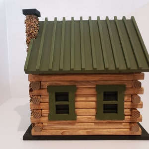 Hand Crafted Log Cabin Bird House with Stone Chimney image 2