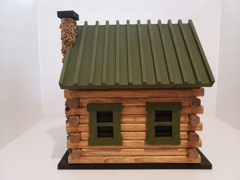 Hand Crafted Log Cabin Bird House with Stone Chimney image 2